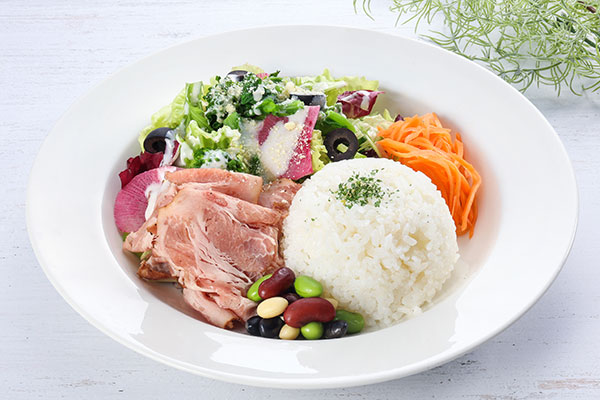 Caesar Salad Plate with Mogi Vegetables and Roast Pork